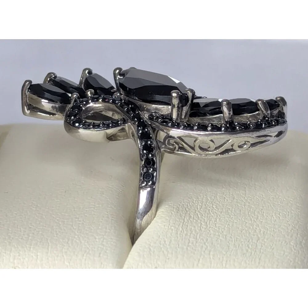 Black Spinel Cocktail Ring - Sterling Silver, Marquise, Swirl, Size 11 - Picture 3 of 6